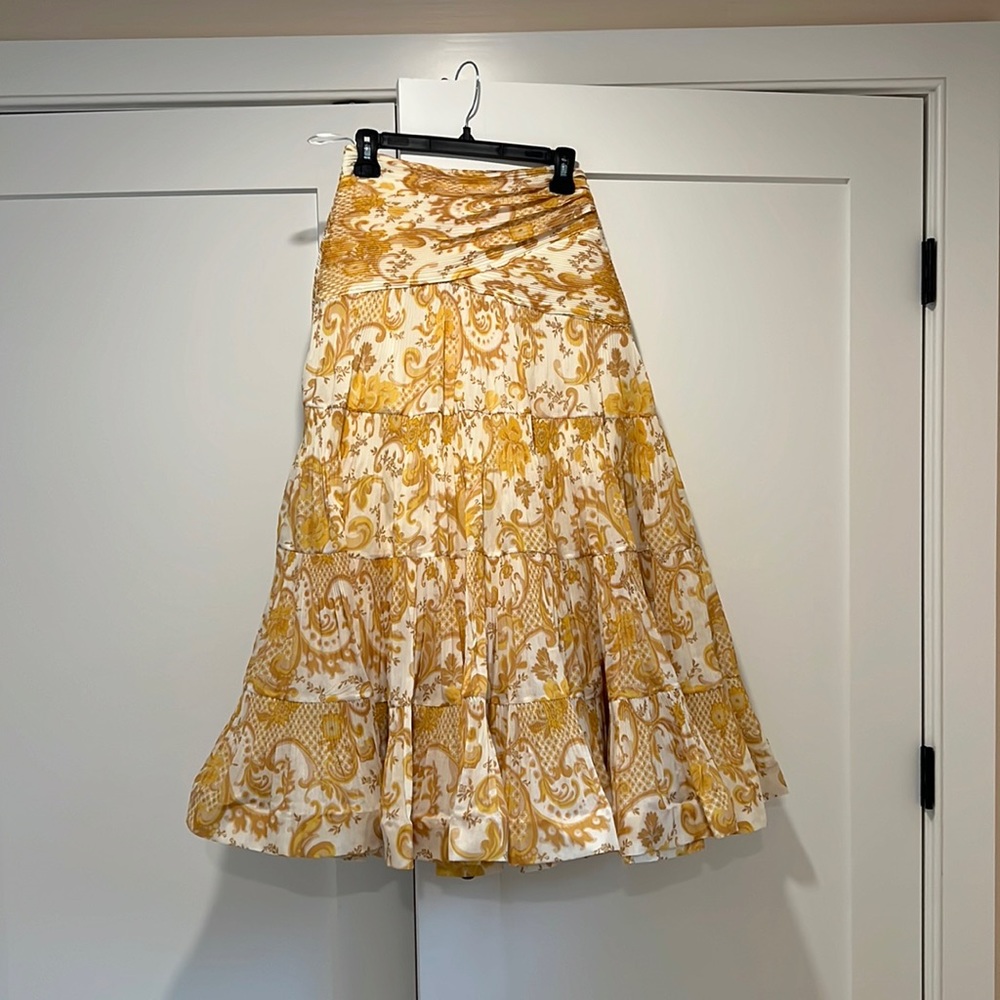 Zimmerman Yellow Tiered Printed Plisse Organza Midi Skirt Size 0